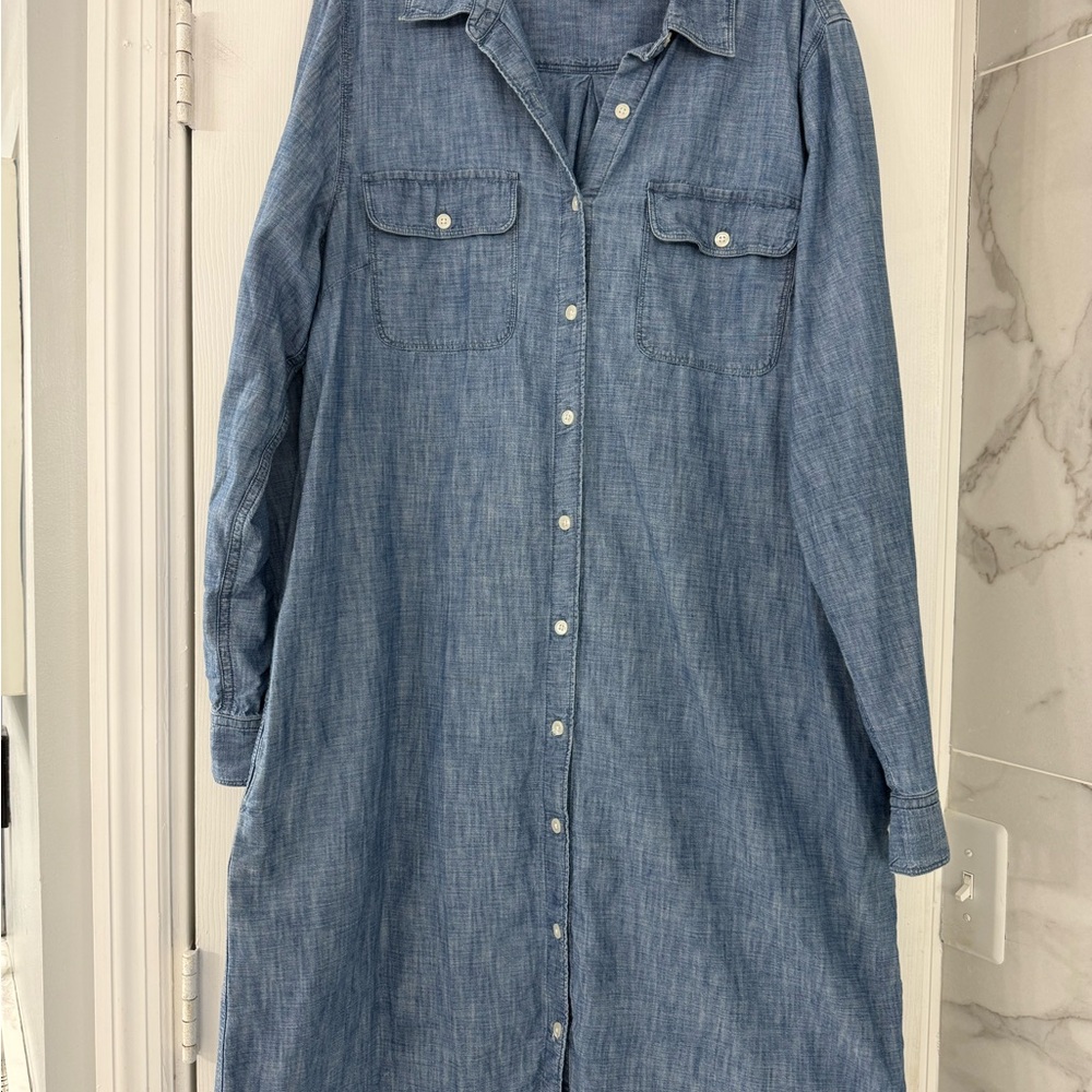 Lands End Blue Denim Chambray Shirt Dress 14 Pockets!